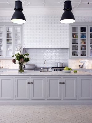 17 White Kitchen Designs Inpirations - Grey Kitchen with black industrial lights - designlibary.com.au