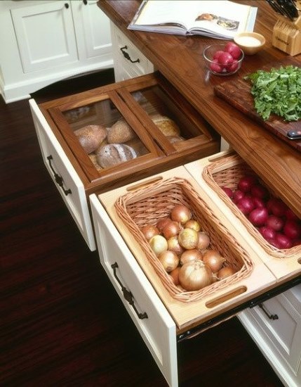 Kitchen Designs 17 Storage Solutions - Neat Drawer Storage for Onions Potatoes and Bread - www.designlibrary.com.au
