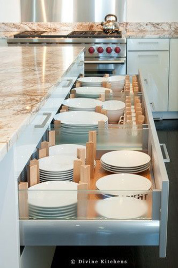 Kitchen Designs 17 Storage Solutions - Plates in a draw with dividers to keep in place - www.designlibrary.com.au